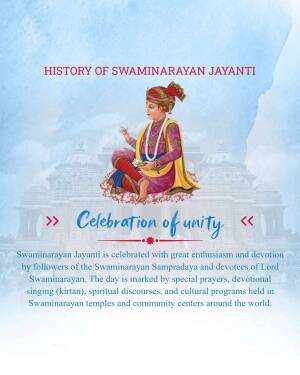 Image depicting Swaminarayan Jayanti with a portrait of Swaminarayan and temple background