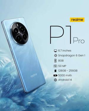 Blue Realme P1 Pro smartphone with specifications listed