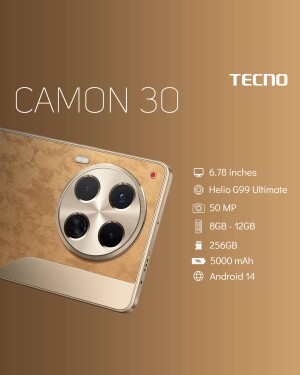 Tecno Camon 30 smartphone in a golden color with camera specifications.