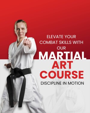 Woman in a karate gi demonstrating a fighting stance with text promoting a martial arts course.