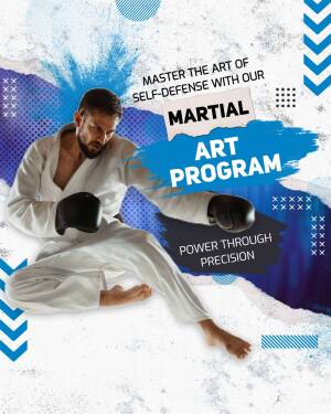 Martial arts instructor demonstrating a technique with text promoting a martial arts program.