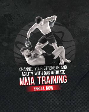 MMA fighters grappling with text promoting MMA training