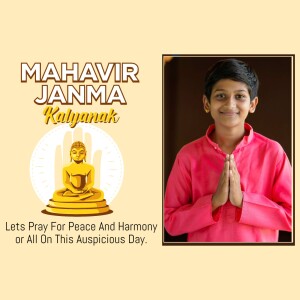 Image depicting Mahavir Janma Kalyanak with a portrait of a young boy in traditional attire.