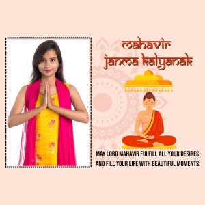 Image of a girl in traditional attire with Mahavir Swami illustration and text.