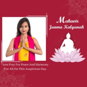 Woman in traditional attire with Mahavir Janma Kalyanak message