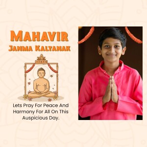 A young boy in traditional attire with folded hands, celebrating Mahavir Janma Kalyan.