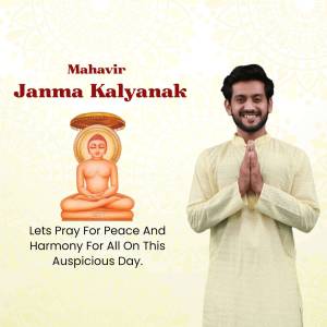 Image depicting Mahavir Janma Kalyanaka with a portrait of Lord Mahavir and a man in traditional attire.