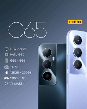 Realme C65 smartphone with key specifications highlighted