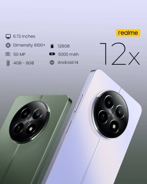 Realme 12x smartphone in green and white colors with key specifications listed.
