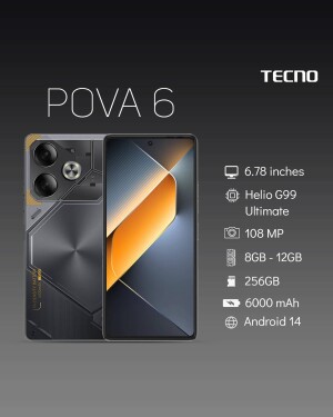 Tecno Pova 6 smartphone with a futuristic design and key specifications.
