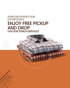 Folded shirts with text promoting free laundry pickup and drop services.