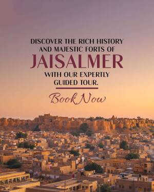 Panoramic view of Jaisalmer Fort with text promoting guided tours.