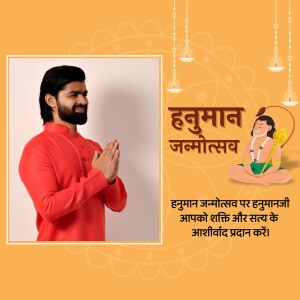 Man in traditional attire with Hanuman Jayanti background