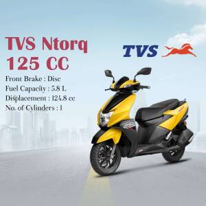 Yellow and black TVS Ntorq 125 CC scooter with front disc brake