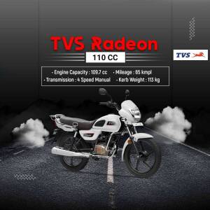 White TVS Radeon 110cc motorcycle with specifications