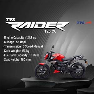 Red and Black TVS Raider 125cc motorcycle with specifications