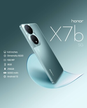 Close-up of the Honor X7b 5G smartphone with key specifications displayed.