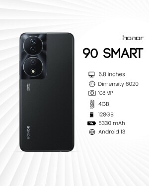 Black Honor 90 Smart smartphone with specifications listed