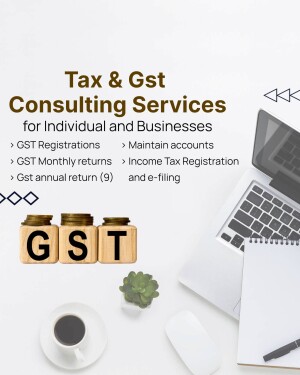 Image depicting tax and GST consulting services with laptop, GST blocks, and office supplies.