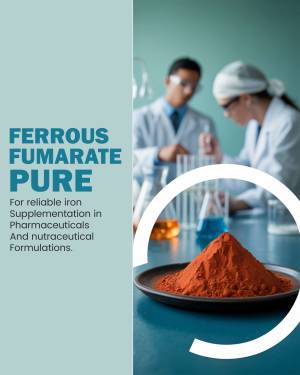 Image of Ferrous Fumarate powder with scientists in a laboratory background.