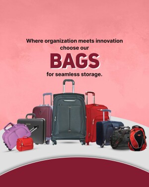 Collection of various bags including suitcases, backpacks, and travel bags.