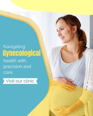 Pregnant woman with text overlay promoting gynecological health clinic