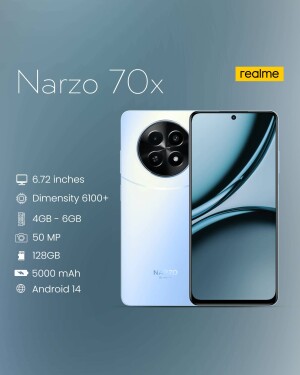 White Realme Narzo 70x 5G smartphone with specifications