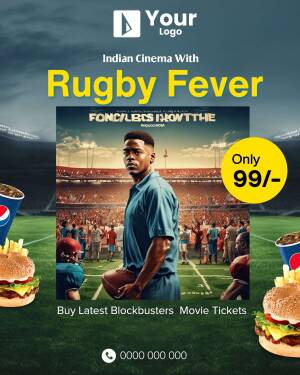 Promotional image for Rugby Fever movie tickets with food and stadium background.