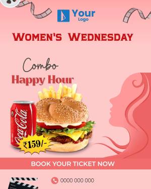 Women's Wednesday Combo Happy Hour promotion with burger, fries, and Coca-Cola