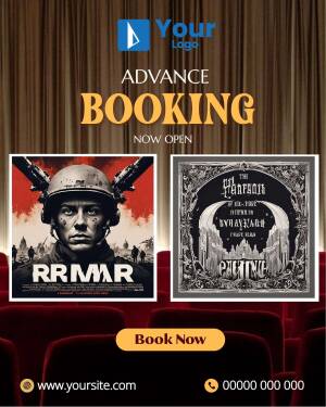 Movie posters for RRR and The Pope's Exorcist with a 'Book Now' call to action.
