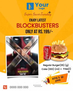 Super Saver Tuesday promotion with Deadpool movie poster, burger, and Coca-Cola