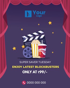 Movie night promotion with popcorn, clapperboard, and film reel.