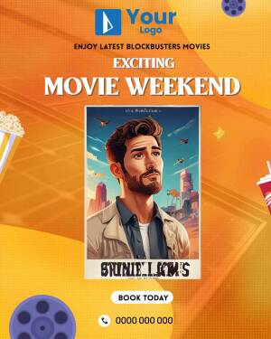 Movie poster for 'Shumileo' with popcorn and film reels, promoting an exciting movie weekend.
