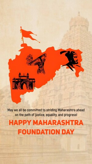 Maharashtra Foundation Day map graphic with Shivaji Maharaj silhouette and Gateway of India