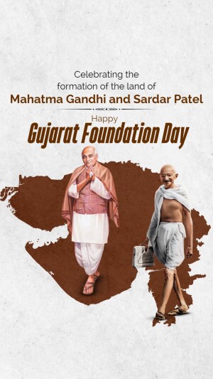 Graphic celebrating Gujarat Foundation Day featuring Sardar Patel and Mahatma Gandhi