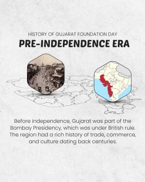 Image depicting the history of Gujarat Foundation Day during the pre-independence era, showing maps and historical context.