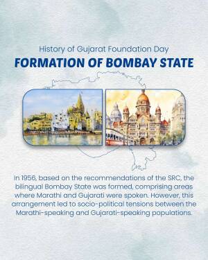 Historical infographic depicting the formation of Bombay State and landmarks of Gujarat and Maharashtra.