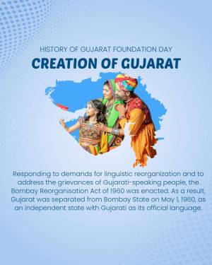 Image depicting the creation of Gujarat state with traditional Gujarati people and a map of Gujarat.