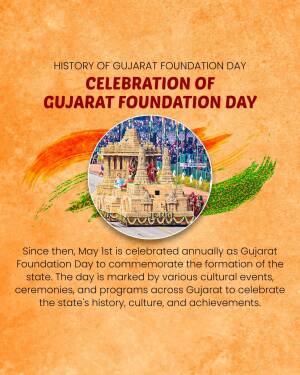 Gujarat Foundation Day poster with image of a decorated float and the Indian flag