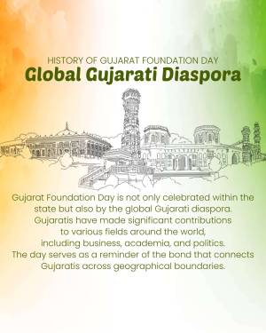 Image commemorating Gujarat Foundation Day and the Global Gujarati Diaspora with historical landmarks.