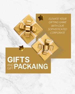 Two golden gift boxes with ribbons and stars on a marble background with text promoting corporate gifting.
