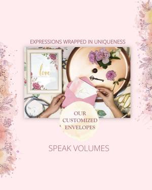 Elegant customized envelopes with floral accents and a copper tray.