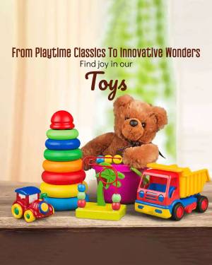 Colorful assortment of toys including a stacking tower, teddy bear, truck, and train.