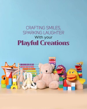Assortment of colorful wooden toys and puppets on a light blue background with text overlay.