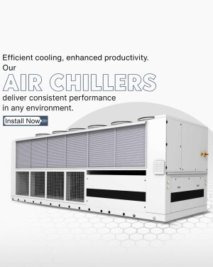 White industrial air chiller unit with text overlay promoting efficient cooling and productivity.