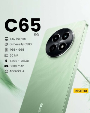 Green Realme C65 5G smartphone with specifications
