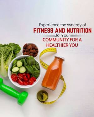 Healthy food and fitness equipment arranged on a white surface with text promoting fitness and nutrition.
