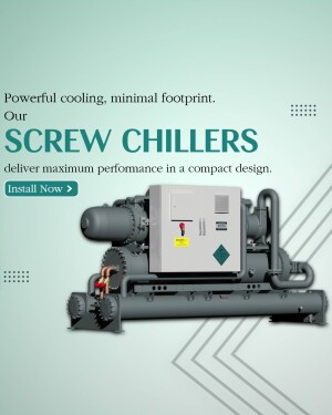 Industrial screw chiller unit with pipes and controls