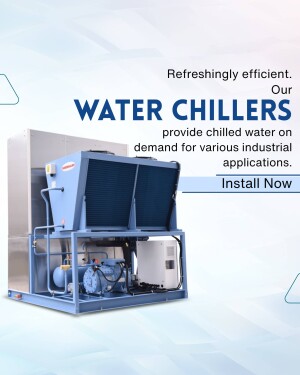 Image of a large industrial water chiller unit with text promoting chilled water on demand.