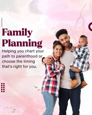 A happy family of three with text promoting family planning services.